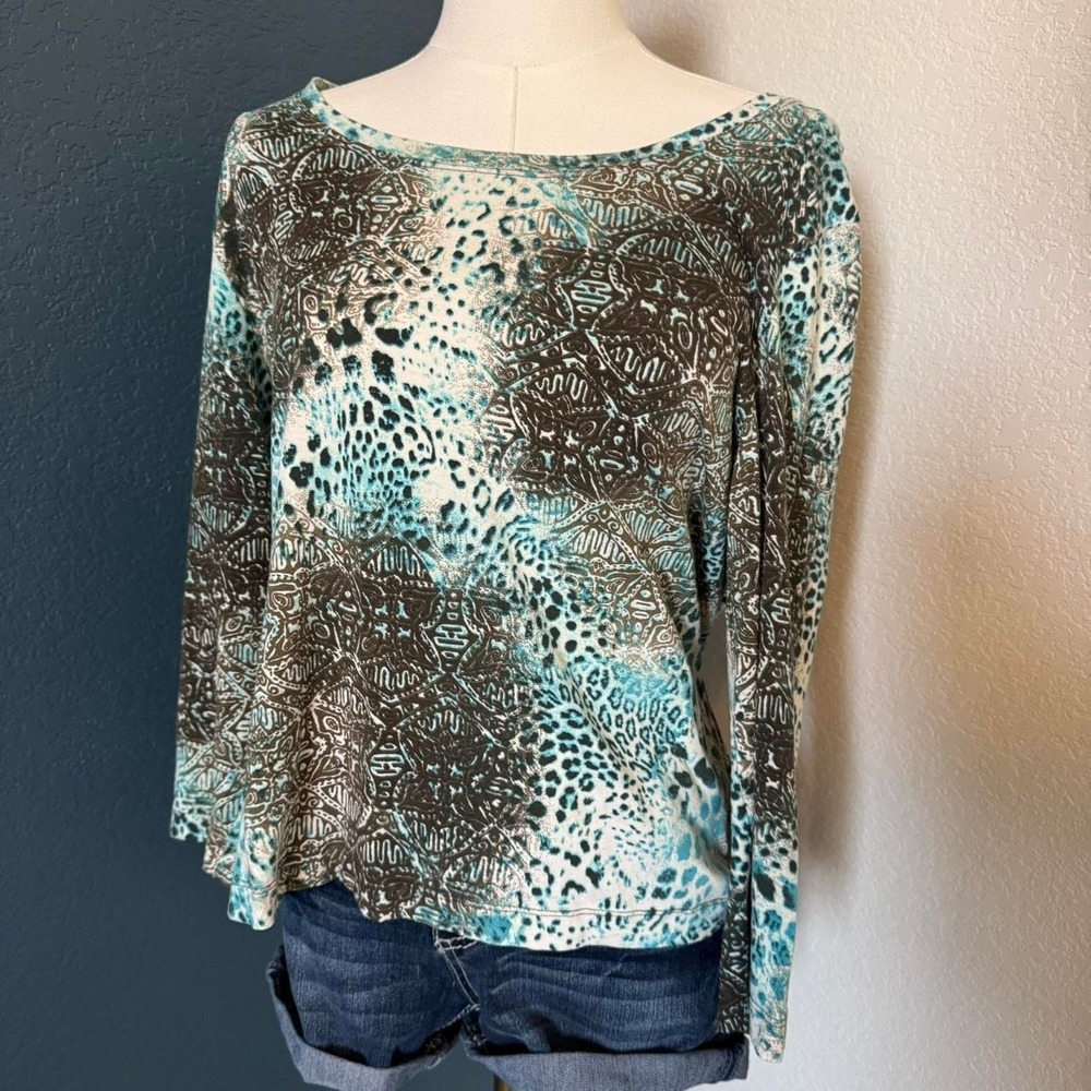 Y2K‎ Top Story Blue Leopard Print Scoop Neck Top, XL